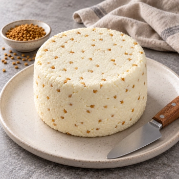 Niewędzony ser podpuszczkowy z kozieradką 1,5 kg na jasnym ceramicznym talerzu z nożem i nasionami.